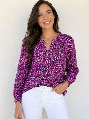 Lilly Pulitzer Sherida Top Gigi Giraffe Print Pink Navy Cotton Blouse Women's S